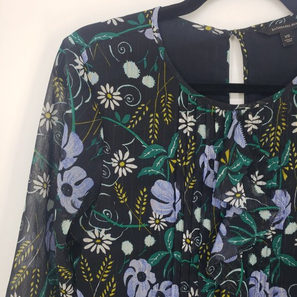 3/$25 Banana Republic Floral Print Blouse Top XS Ruffle‎ Trim Long Sleeve Black - Picture 4 of 7